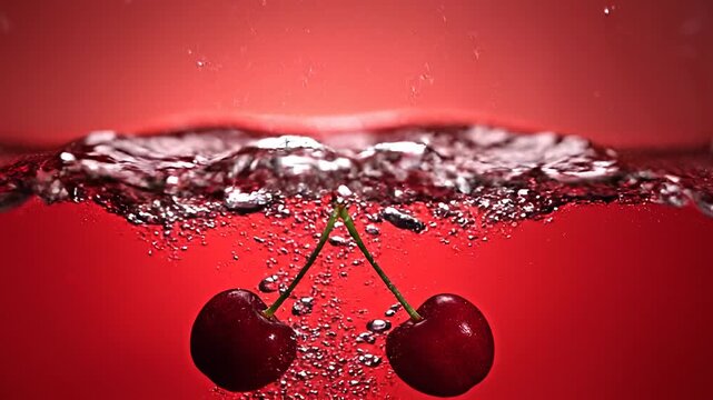 Two cherries splashing into red liquid against red background