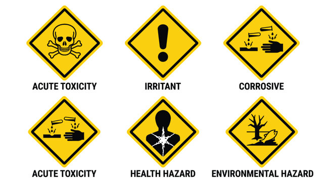 A collection of yellow hazard warning signs featuring black graphical icons for acute toxicity irritant corrosive health hazard and environmental danger on a clean white background
