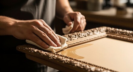 Fototapeta premium A detailed shot showing hands gently polishing a vintage, intricately carved wooden frame with a soft cloth, highlighting the restoration process.