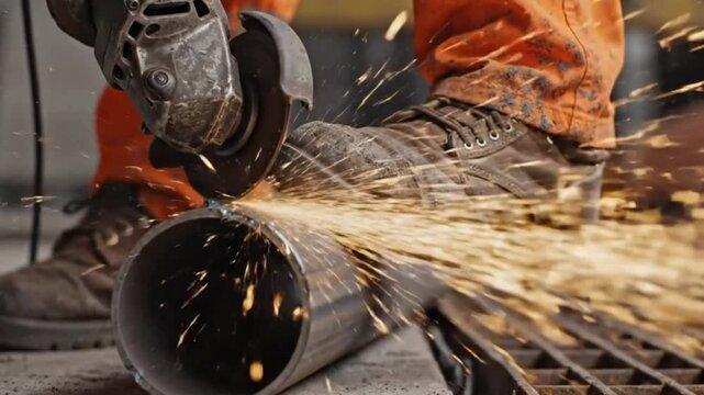 Worker using an angle grinder to cut metal pipe with sparks flying in industrial workshop