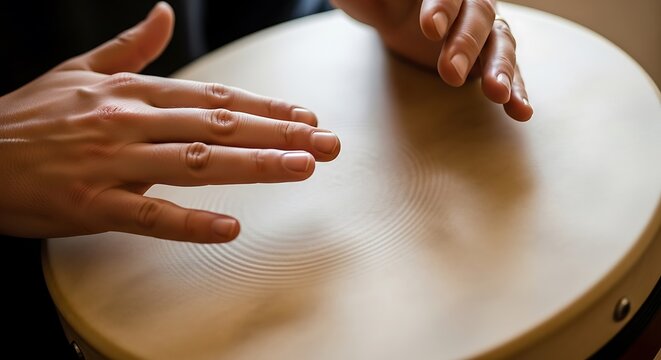 A detailed shot of hands gracefully striking a large, round drum, highlighting the texture of the drumhead and the movement of the fingers.