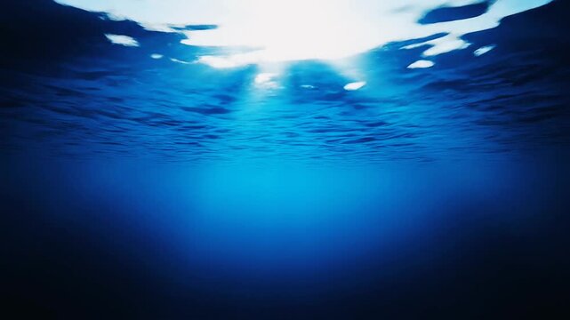 Sunlight piercing through the surface of deep blue ocean water, creating a serene underwater scene with light rays.