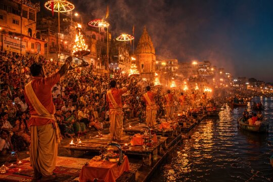 evening aarti ceremony in varanasi with glowing lamps and smoke reflections over river, spiritual india atmosphere, realistic photography