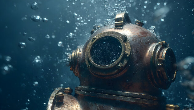 Tracking shot of vintage diving helmet slowly descending with rising bubbles and light rays in murky deep blue ocean environment closeup