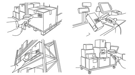 Obraz premium continuous line drawing Workers operating warehouse equipment and machinery.