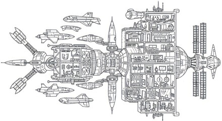 Obraz premium A technical drawing of a futuristic spaceship with multiple engines and modules