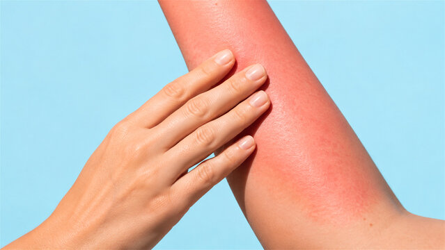 woman touching arm skin with red sunburn. Painful skin reaction from uv ray overexposure. Healthcare, dermatology and skin care advice. Remedy for irritated dermis on bright background