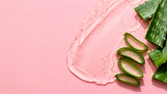 aloe vera gel smear with fresh sliced succulent leaf on pink background. Natural organic skincare product texture for moisturizing facial treatment. Cosmetic botany wellness concept