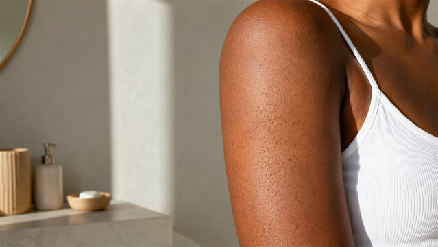 black woman showing shoulder skin texture. Close up of human arm with small bumps or strawberry skin. Skincare routine, dermatology treatment and body care concept in home bathroom