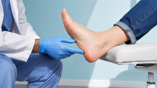 podiatrist examining foot of woman in clinic. Doctor checking skin or bone health during medical consultation. Professional orthopedic diagnosis of heel pain, injury or wellness checkup
