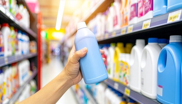 Close-up of a consumer hand holding a liquid laundry detergent bottle from a display shelf in a modern supermarket cleaning products aisle.