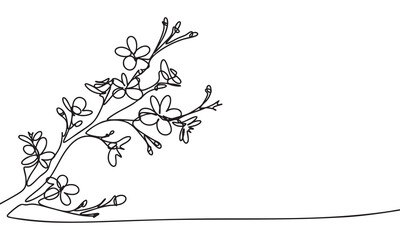 Fototapeta premium Blooming cherry blossom branch isolated one line continuous style. 