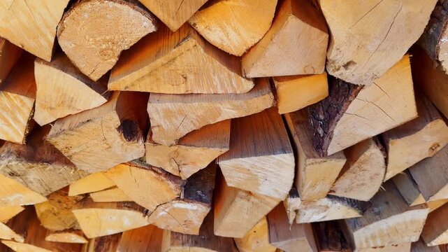 Tightly packed split firewood stacked in bright daylight, showing pale cut faces, bark strips, dry log shapes, and rough natural grain texture.