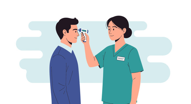 Nurse taking temperature of man with thermometer, healthcare concept