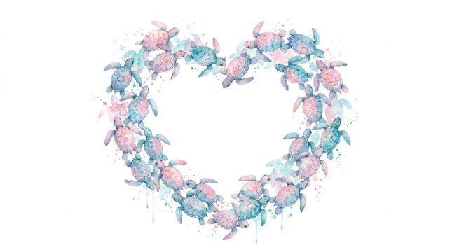 Watercolor Heart Shaped Baby Sea Turtles Conservation Illustration