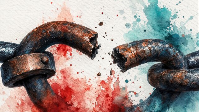 Broken rusty metal chain links representing freedom from human trafficking social justice advocacy