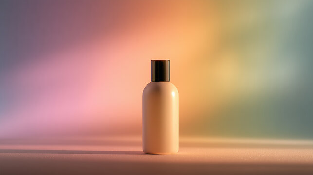 Cosmetic bottle sits alone on pastel gradient wall with spotlight fade providing gentle illumination for focus