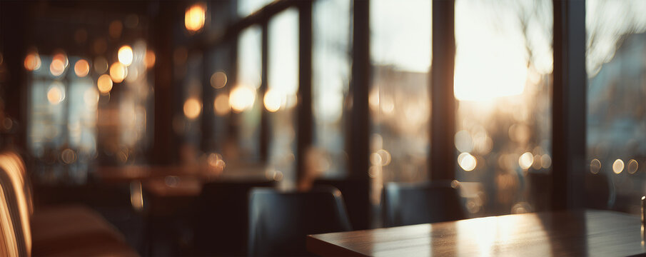 Cozy caf scene with warm daylight and soft bokeh from windows creating inviting atmosphere in morning hours