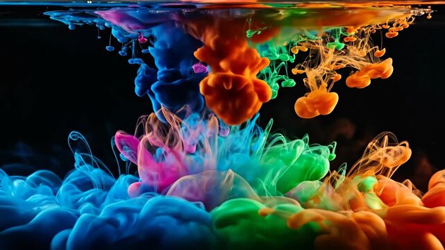 Colorful ink dissolving in water creating abstract shapes and patterns against a dark background.