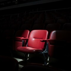 Fototapeta premium Spotlit Red Cinema Seat in Dark Auditorium