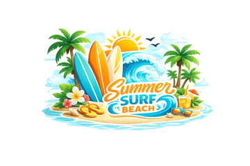 Obraz premium Verano en la playa de surf, Summer Surf Beach, surf beach, summer vibes, tropical beach, surfing lifestyle, ocean waves, beach sunset, surfer paradise, coastal adventure, summer vacation, beach aesthe