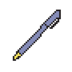 Fototapeta premium Blue and yellow pixel art ballpoint pen vector icon. Retro 8-bit illustration of school stationery isolated on white background. Minimalist pixelated symbol.
