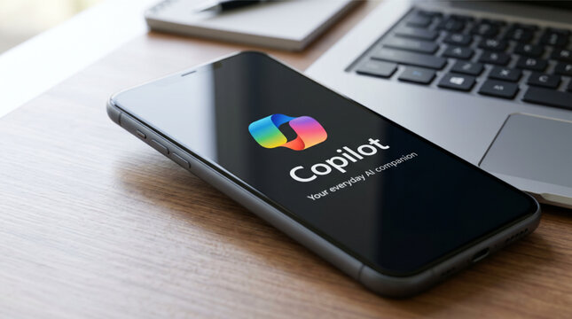 Microsoft Copilot logo mobile app on a screen smartphone iPhone. Microsoft Copilot is an artificial intelligence assistant chatbot used for productivity, creativity, and Microsoft 365 services.