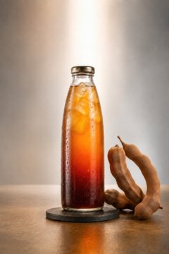 Tamarind elixir bottle with iced amber layers and tamarind pods