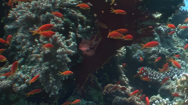 A dazzling school of small, bright orange fish flit gracefully among a rich tapestry of diverse corals.