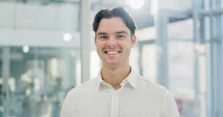 Obraz premium Portrait, man and lawyer with smile in office for career pride, about us and legal court. Happy, male person and attorney with confidence, positive attitude and consultant for corporate law