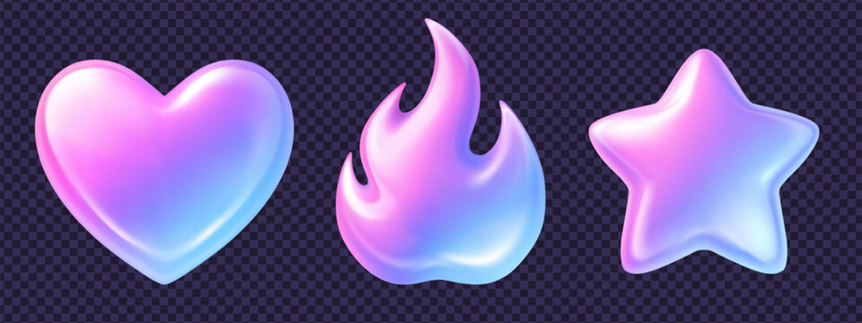 Collection of 3d holographic y2k icon elements with glass hologram effect including heart, flame and star shapes in pastel blue-pink glow. Perfect for modern 3d y2k icon artworks.