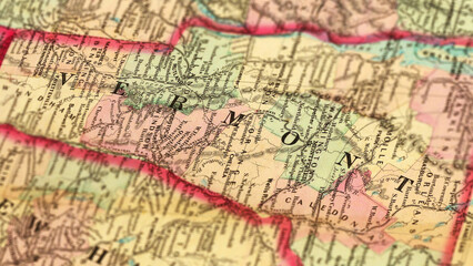 Fototapeta premium Macro View of Vintage Map Highlighting Vermont USA with Detailed Geographic Cartography
