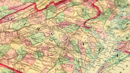 Obraz premium Macro View of Vintage Map Highlighting Virginia USA with Detailed Geographic Cartography