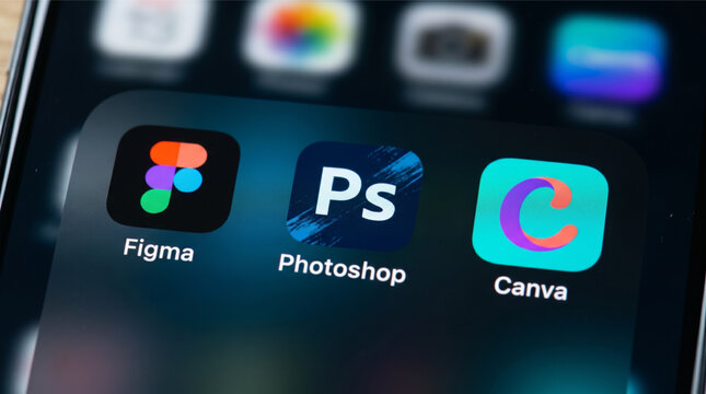 Figma, Adobe Photoshop, and Canva mobile logo icons on a smartphone screen closeup. Figma, Photoshop, and Canva are leading graphic design, image editing, and UI/UX design software applications.