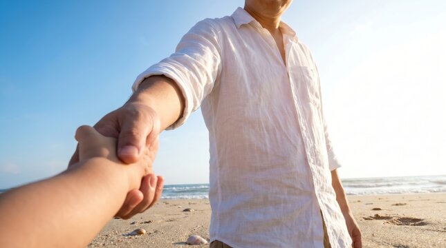 Couple holding hands on a sunny beach, first-person perspective, romantic walk by the ocean.