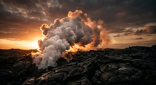 Volcanic Eruption with Smoke and Steam Plume over Rugged Lava Fields at Sunset