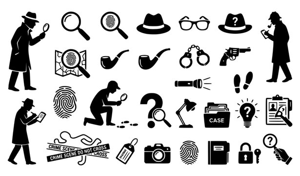 Monochrome detective and investigation icon collection with mystery silhouette symbols