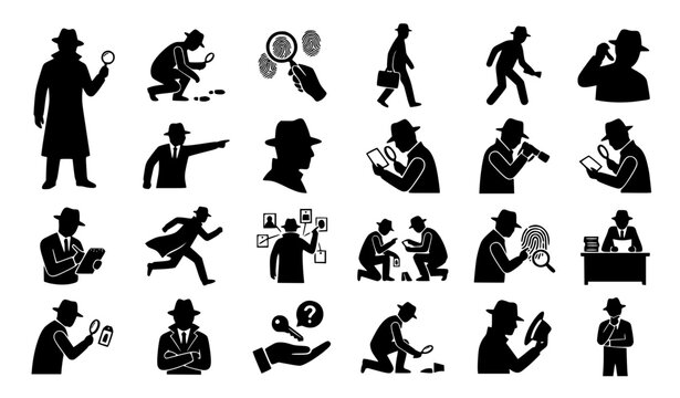 Black and white detective silhouette icon set with magnifying glass mystery investigator symbols