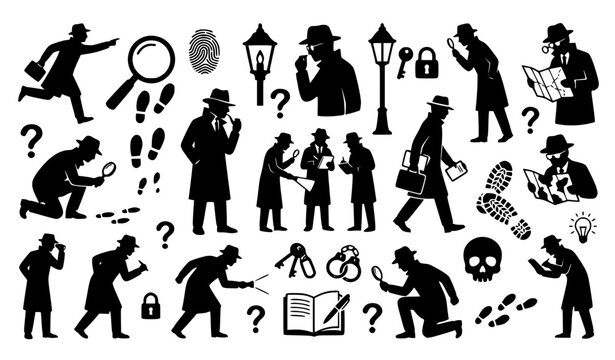 Minimal black and white detective silhouette icon set with investigation symbols