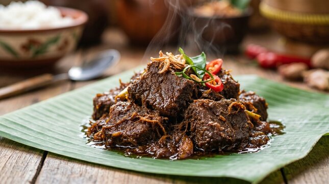 Indonesian rendang beef with caramelized sauce on banana leaf, authentic Minang cuisine macro