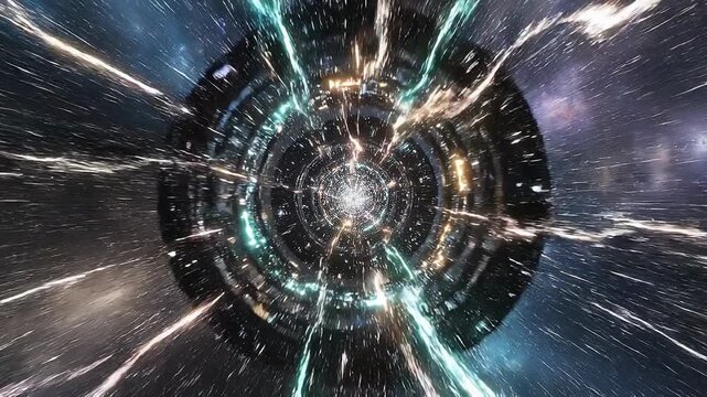 Abstract cosmic energy explosion with glowing light beams and futuristic digital vortex in space