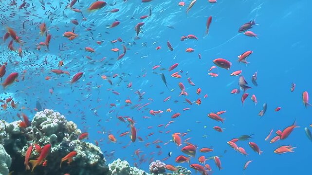 Witness a mesmerizing ocean ballet as countless golden fish shimmer and swirl above intricate coral gardens. Sunlight illuminates the crystal blue depths, revealing vibrant marine life.