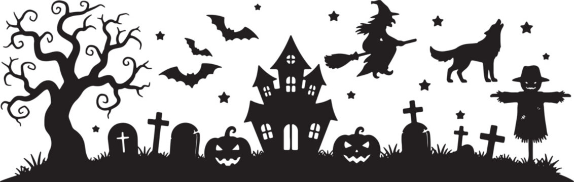Spooky Halloween silhouette illustration featuring jack o lanterns, flying bats, and gnarled trees isolated on a white background, vector graphic for seasonal holiday invitations.
