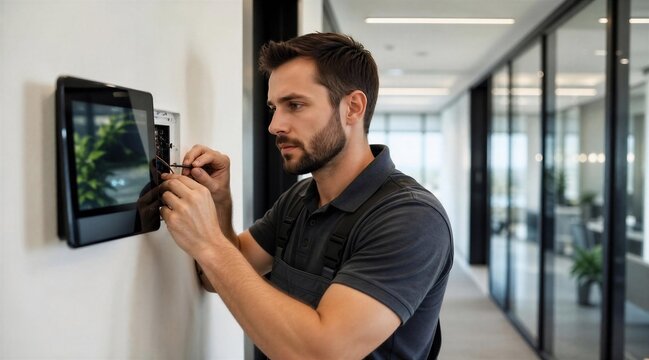 Technician installs smart home security system
