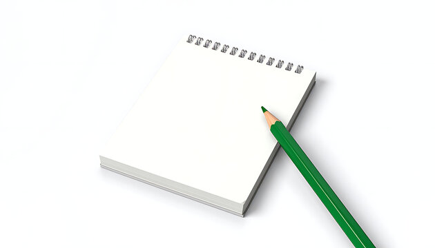 Blank spiral-bound notepad with a green pencil, ready for drawing or writing, on a white surface