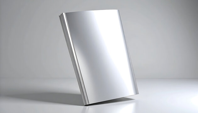 Blank silver metallic book cover on a reflective surface, mockup for design or product presentation