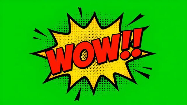 Wow comic speech bubble on green screen background, pop art style expression.