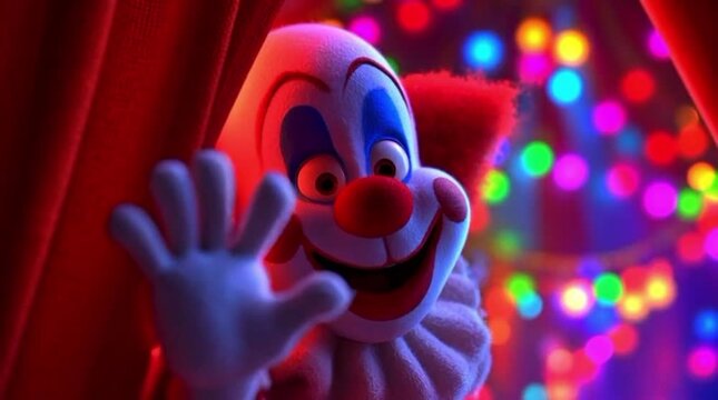 Creepy Smiling Clown Peeking Through Red Theater Curtains in 4K Scary