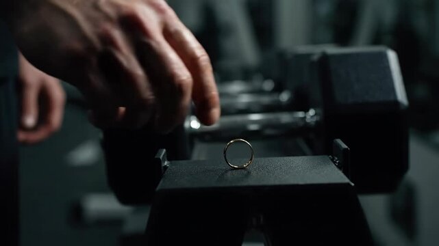Man placing wedding ring on gym dumbbell. Husband preparing for workout by removing jewelry. Symbol of commitment and healthy lifestyle in fitness center setting.