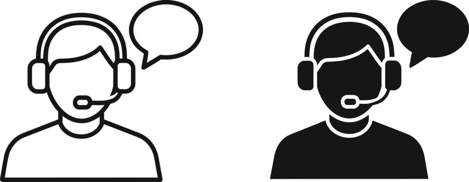 Customer service representative icon set line art and solid silhouette versions